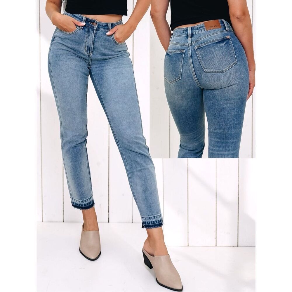 Judy Blue Mid Rise Rigid Magic Release Hem Boyfriend Jeans Stretch Denim NWT